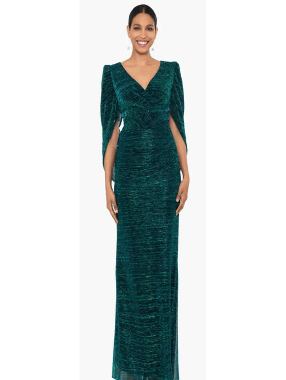 $350 Betsy & Adam "MARISA" LONG CRINKLE DRAPE SLEEVE Gown Modest Jade NWT Sz 6